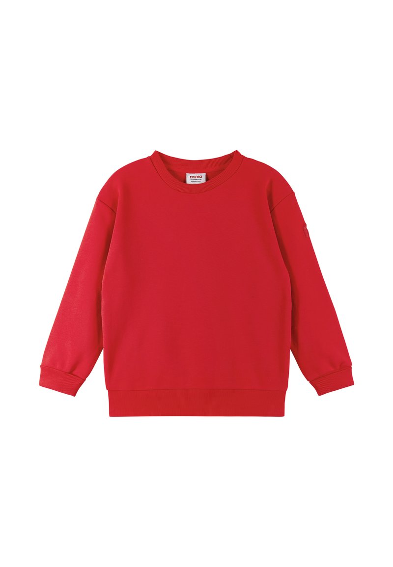 Czerwona bluza wykonana z miękkiego materiału, z długimi rękawami, okrągłym dekoltem oraz ściągaczami przy mankietach i dolnej krawędzi. Prosty, jednolity design bez wzorów.
