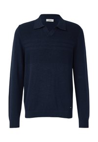 Marineblauwe pullover met lange mouwen, V-hals en kraag; voorzien van getextureerde strepen en geribbelde manchetten en zoom. Gemaakt van zacht gebreid materiaal.