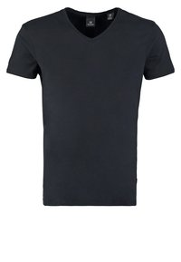 Sort kortærmet V-hals T-shirt med slim fit, præsenteret på en hvid baggrund.