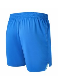 Pantalones cortos deportivos azules hechos de tela ligera con una cinturilla elástica y aberturas laterales para mayor movilidad. Sin patrones ni acentos visibles.