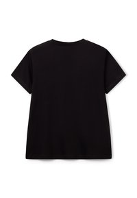 Czarna koszulka z krótkim rękawem o okrągłym dekolcie. Wykonana z gładkiego materiału, ma luźny krój i brak widocznych ozdób.