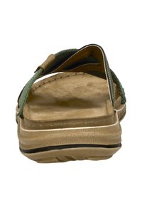 Groene suède sandalen met een gestructureerde zool, open ontwerp en een lichte hak. Beschikt over een bruine band en stiksel details langs de randen.