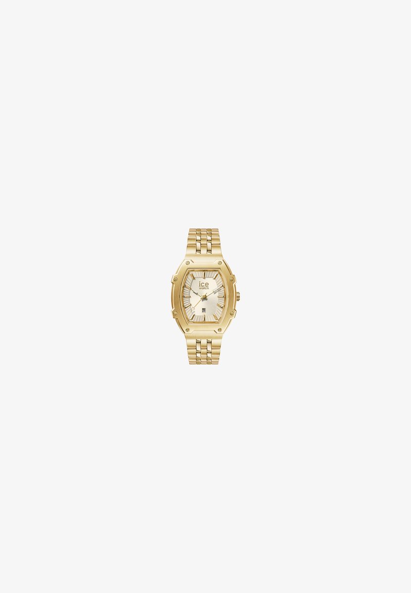 Gouden horloge met octagonale kast, een gestructureerde zilveren wijzerplaat en een gouden metalen armband. Inclusief uurmarkeringen en een datumaanduiding op 3 uur.