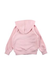 Sweat à capuche rose avec fermeture éclair frontale, poignets et ourlet côtelés. Comprend une capuche et une texture lisse semblable au coton. Sans motifs apparents.
