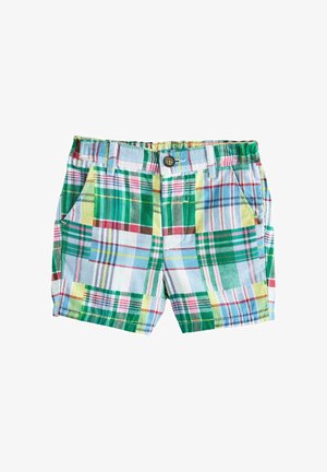 Børneshorts med flerfarvet ternet mønster, knaplukning, forlommer og bæltestropper på hvid baggrund.