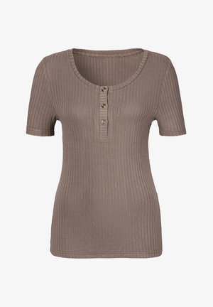 Rebrasti kratki rukav vrh u umirenoj taupe boji. Ima okrugli dekolte i sprijeda tri dugmeta s metalnim dugmadi. Mekana tekstura tkanine.
