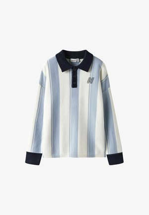 Polo majica s dugim rukavima u bijelim i plavim prugama, s mornarsko plavim ovratnikom, sprijeda s tri gumba, te izvezenim logotipom na prsima.