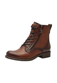Bottines en cuir marron avec finition texturée, design à lacets, fermeture éclair sur le côté et un petit talon cubain. Présente des accents plus foncés contrastants.