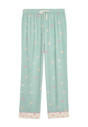 Hellgrüne Schlafanzughosen mit elastischem Bund und Kordelzug. Sie zeigen verschiedene meeresthematische Muster in Pink und Beige.
