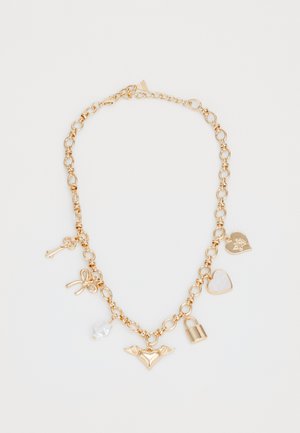 Gold chain necklace featuring various charms: a key, bow, heart, lock, and a bead, each adding distinct shapes and textures.