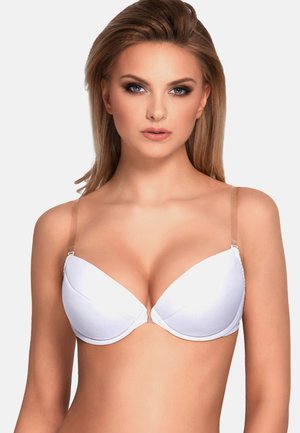 Reggiseno bianco imbottito con spalline trasparenti regolabili, caratterizzato da un scollo profondo e una finitura in tessuto liscia. Nessun motivo o accessorio visibile.