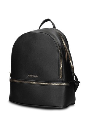 Sac à dos en cuir noir avec deux fermetures éclair dorées, une horizontale à la base et une courbée sur le compartiment principal, petite poignée supérieure et bretelles réglables.
