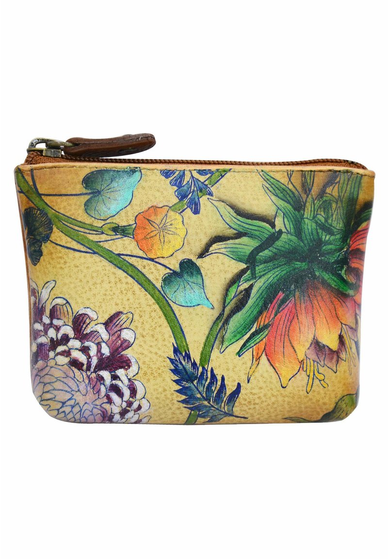 Floral-patroon pouch gemaakt van textuurmateriaal. Kenmerkt levendige kleuren, een ritssluiting en een bruine accent aan de bovenkant.