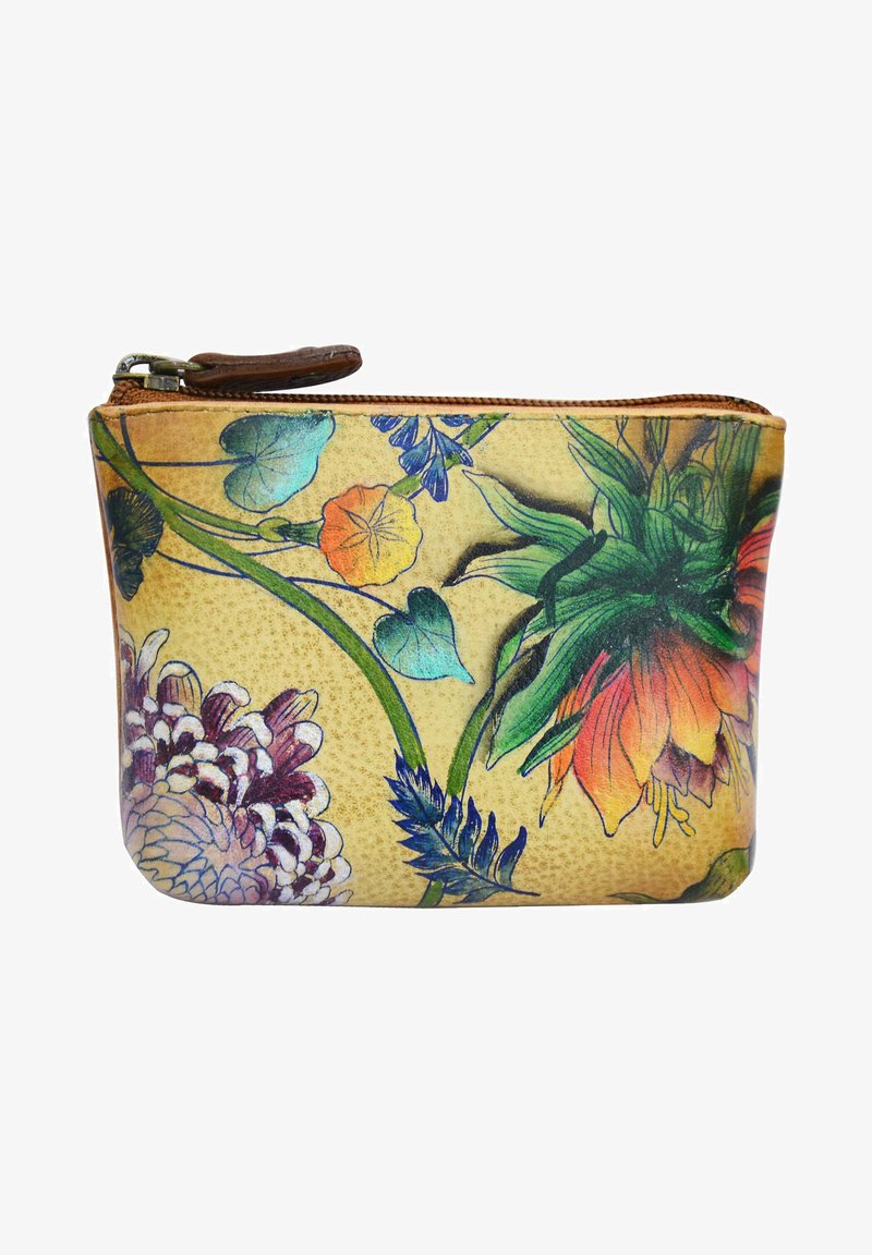 Floral-patroon pouch gemaakt van textuurmateriaal. Kenmerkt levendige kleuren, een ritssluiting en een bruine accent aan de bovenkant.
