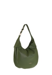 Borsa hobo in pelle verde con forma arrotondata, superficie testurizzata, tracolla singola e un delicato logo dorato sul davanti.