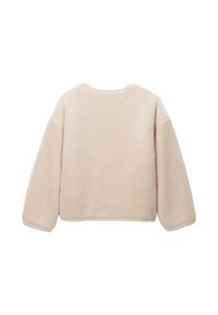 Pull en polaire de couleur beige doux, avec une coupe ample, des poignets côtelés et un col rond. Le tissu a une texture duveteuse.