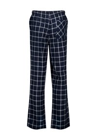 Navy blauwe pyjamabroek met een geruit patroon in het wit. Beschikt over een tailleband met trekkoord en een achterzak in de vorm van een diamant. Zachte stof.