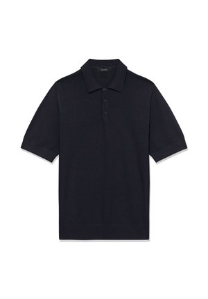 Polo noir à manches courtes avec trois boutons et un col pointu, posé à plat sur un fond blanc.