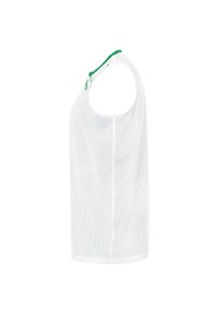 Top sportivo senza maniche di colore bianco, realizzato in tessuto a rete, con un accento verde sul colletto e un design ampio e traspirante.