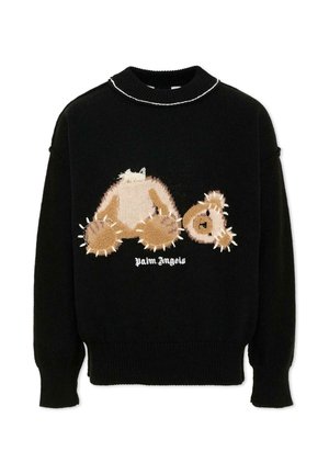 Czarny sweter z przyszytym misiem bez głowy oraz tekstem "Palm Angels" pod grafiką z przodu.