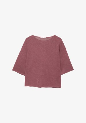 Neulepullover vaaleanpunaisessa sävyssä, jossa on pyöreä kaula-aukko ja leveät, lyhyet hihat rentoa istuvuutta varten. Rakenteellinen kangas, jossa on hienovarainen kuvio.