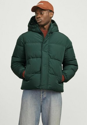 Chaqueta acolchada verde con capucha, que cuenta con puños elásticos y un diseño aerodinámico. Combinada con una gorra marrón y un suéter de cuello redondo marrón debajo.
