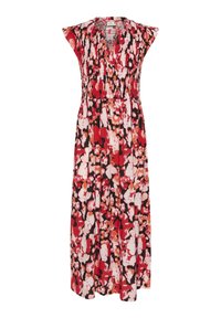 Robe florale en rouge, noir et blanc. Présente des manches courtes, une taille cintrée et une coupe arrondie, fabriquée dans un tissu léger au toucher lisse.