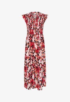 Abito floreale in rosso, nero e bianco. Presenta maniche a cappuccio, vita arricciata e una vestibilità morbida, realizzato in tessuto leggero con una texture liscia.