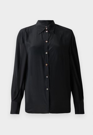 Maglietta nera a maniche lunghe realizzata in tessuto liscio, con colletto classico e pattina con bottoni decorativi. Senza motivi visibili.
