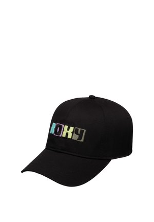 Schwarze Baseballkappe mit gebogenem Schirm, vorne mit gesticktem "ROXY"-Logo in pastellfarbenen Farbtönen.