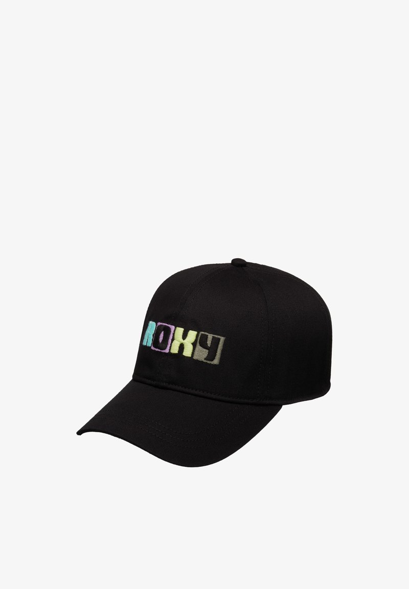 Casquette de baseball noire avec une visière incurvée, présentant un logo "ROXY" brodé multicolore en nuances pastel à l'avant.