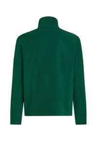 Grön fleecepullover med hög krage, långa ärmar och en solid textur. Designen är enkel utan synlig hårdvara eller mönster.