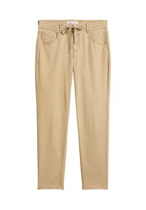 Pantalons décontractés beige avec poches avant, passants de ceinture, fermoir à bouton et cordon à la taille.