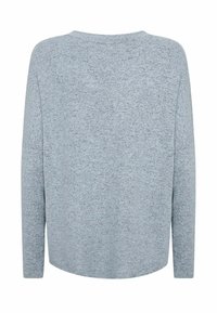 Pulover gri cu mâneci lungi, cu croială lejeră, tiv rotunjit și țesătură texturată. Vederea din spate prezintă detalii minime și o suprafață moale.