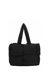 Borsa tote imbottita nera con pannelli trapuntati ampi e due manici robusti, mostrata su uno sfondo bianco.