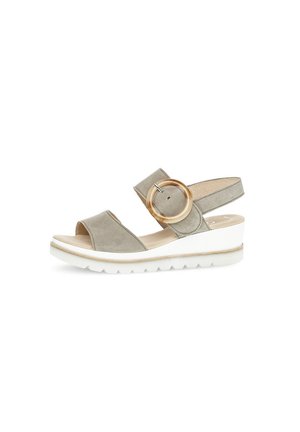Gray suede wedge sandal with two upper straps, circular gold-tone hardware, and white rubber sole with textured tread.