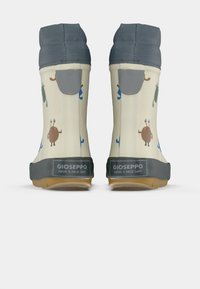 Bottes de pluie pour enfants avec des dessus gris, un corps crème, des monstres de dessin animé colorés et le texte "GIOSEPPO HAVE A NICE DAY !" sur les étiquettes de talons.