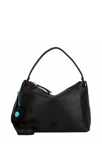 Borsa a mano in pelle nera con finitura texturizzata, forma curva e manico corto. Presenta un dettaglio blu e una chiusura a zip nella parte superiore.