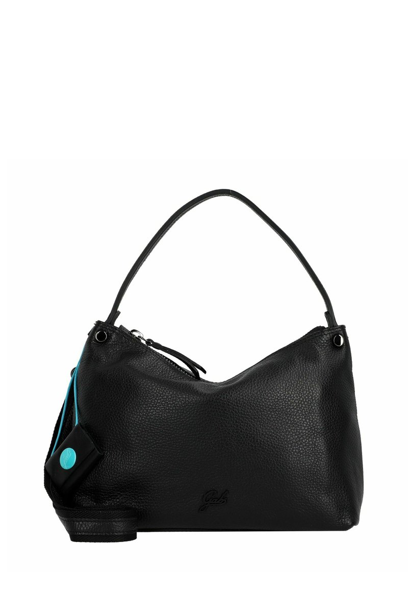 Borsa a mano in pelle nera con finitura texturizzata, forma curva e manico corto. Presenta un dettaglio blu e una chiusura a zip nella parte superiore.