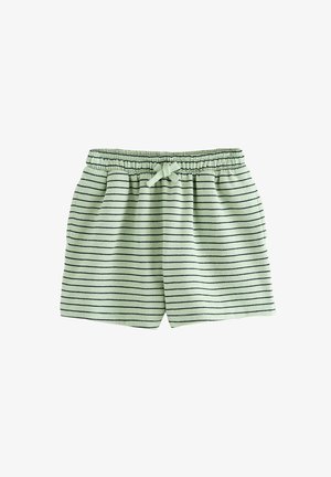 Pantaloni corti a righe verde chiaro con una morbida texture, vita elastica e cordoncino frontale. Le righe orizzontali navy accentuano il design.