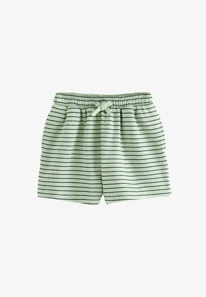Light green striped shorts with a soft texture, elastic waistband, and a front drawstring. Horizontal navy stripes accentuate the design.