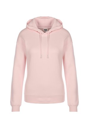 Helle rosa Kapuzenpullover aus weichem Stoff, mit einer Kordelzugkapuze, gerippten Bündchen und einem lässigen Schnitt. Keine sichtbaren Muster oder Akzente.