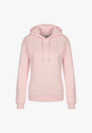 Sudadera rosa claro hecha de tejido suave, con capucha ajustable, puños acanalados y un diseño de corte relajado. Sin patrones o acentos visibles.