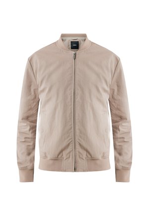Beige bomberjack met een ritssluiting aan de voorkant, geribde manchetten en zoom. Gemaakt van gladde, lichte stof. Voorzien van zijzakken en een staande kraag.