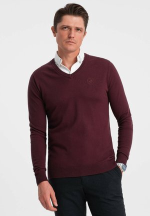Maglione bordeaux a scollo a V realizzato in tessuto lavorato a maglia, presenta una vestibilità aderente, polsini e orlo a costine, con un logo discreto sul petto.