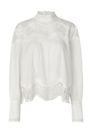 Biała bluzka z wysokim koronkowym kołnierzem, długimi rękawami i misternymi koronkowymi zdobieniami na krawędzi i ramionach. Miękki, lekki materiał.