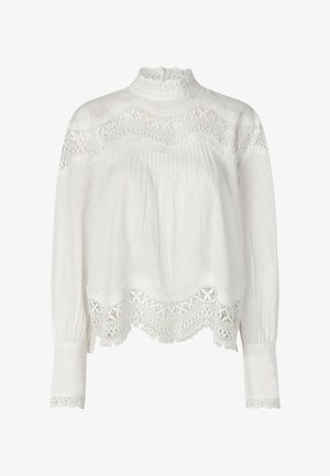 Bílá blůza s vysokým krajkovým límečkem, dlouhými rukávy a propracovanými krajkovými detaily na lemu a ramenou. Měkká, lehká tkanina.