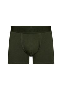 Donkergroene boxershorts met een logo-geïncorporeerde tailleband. Gemaakt van een zachte, rekbare stof, met een strakke pasvorm en contrasterende stiksels.
