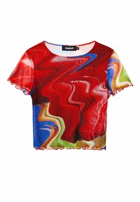 Lyhythelmainen crop-top läpinäkyvästä kankaasta, jossa on punainen, sininen ja vihreä abstrakti pyörteinen kuvio sekä aallotetut reunat.
