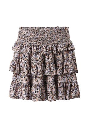 Sukňa s kvetinovým vzorom a tierovanou konštrukciou so zberaným pásom. Má pastelové farby, nariasené vrstvy a ľahkú štruktúrovanú látku.